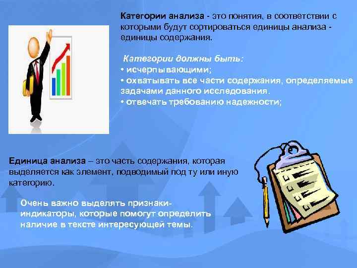 Категории анализа - это понятия, в соответствии с которыми будут сортироваться единицы анализа -