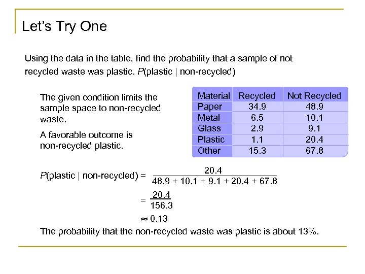 Let’s Try One Using the data in the table, find the probability that a