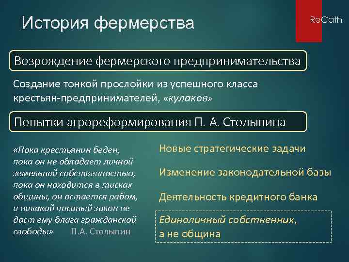 История фермерства Re. Cath Возрождение фермерского предпринимательства Создание тонкой прослойки из успешного класса крестьян-предпринимателей,