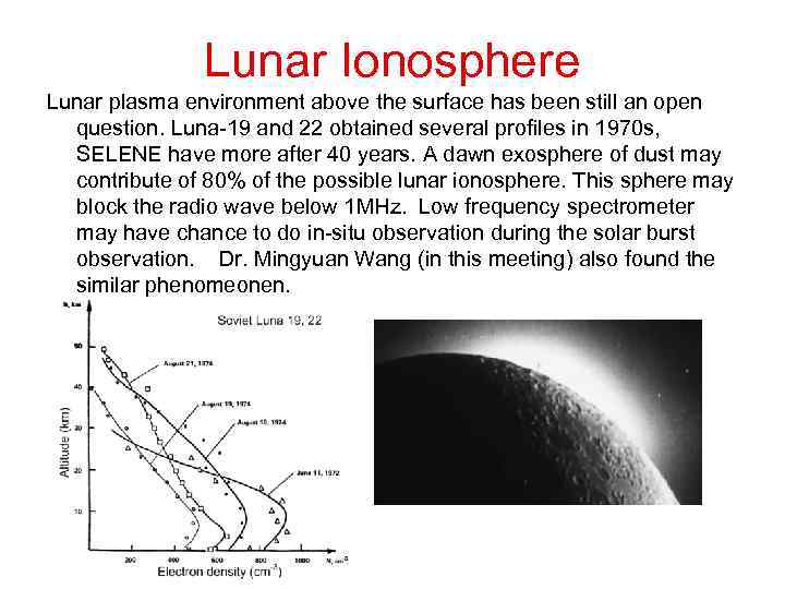 Lunar Ionosphere Lunar plasma environment above the surface has been still an open question.
