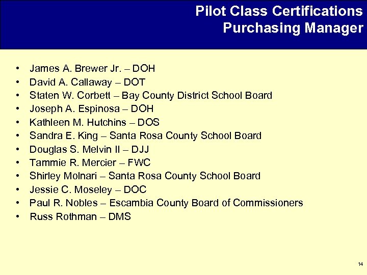 Pilot Class Certifications Purchasing Manager • • • James A. Brewer Jr. – DOH