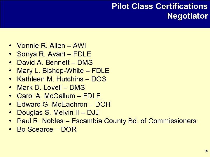 Pilot Class Certifications Negotiator • • • Vonnie R. Allen – AWI Sonya R.