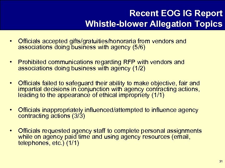 Recent EOG IG Report Whistle-blower Allegation Topics • Officials accepted gifts/gratuities/honoraria from vendors and