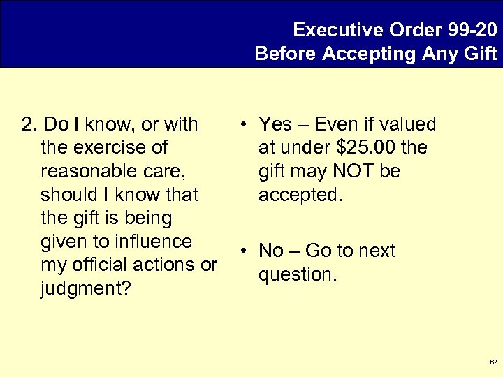Executive Order 99 -20 Before Accepting Any Gift 2. Do I know, or with