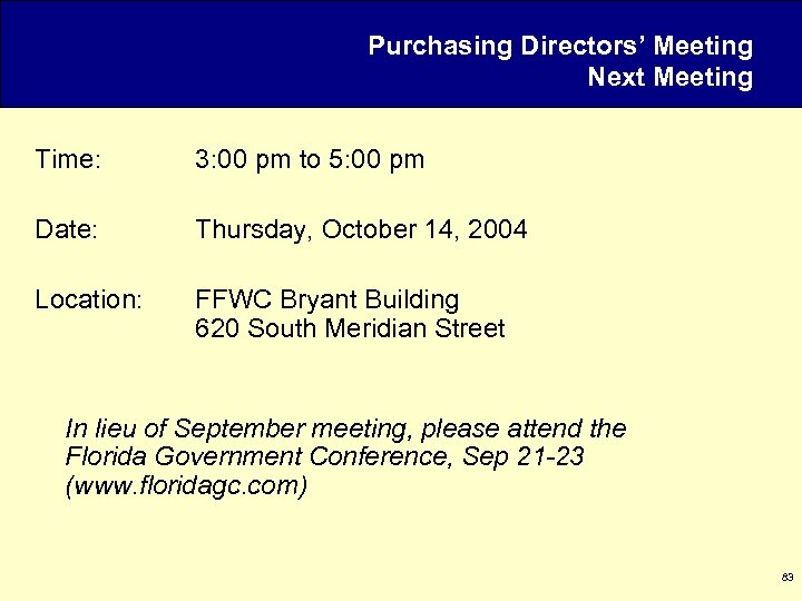 Purchasing Directors’ Meeting Next Meeting Time: 3: 00 pm to 5: 00 pm Date: