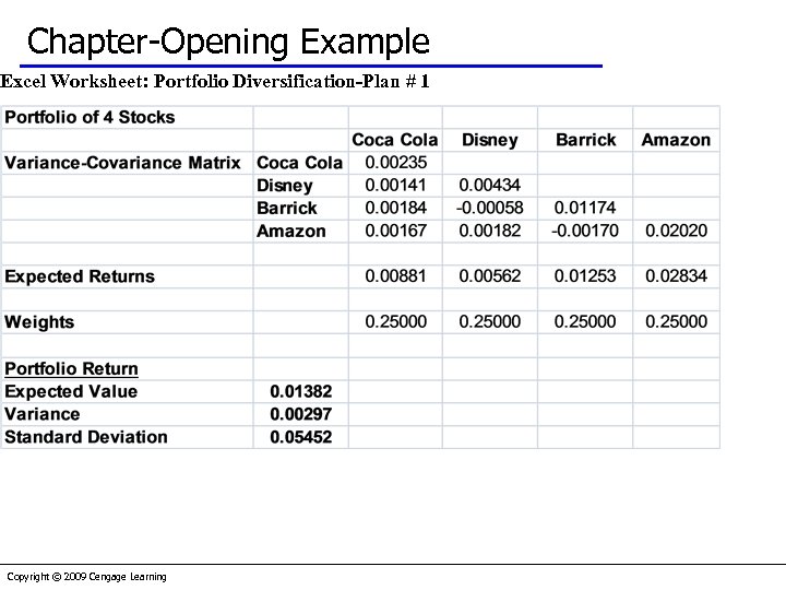 Chapter-Opening Example Excel Worksheet: Portfolio Diversification-Plan # 1 Copyright © 2009 Cengage Learning 