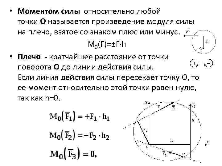  • Моментом силы относительно любой точки О называется произведение модуля силы на плечо,