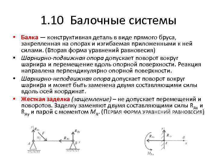 1. 10 Балочные системы • Балка — конструктивная деталь в виде прямого бруса, закрепленная