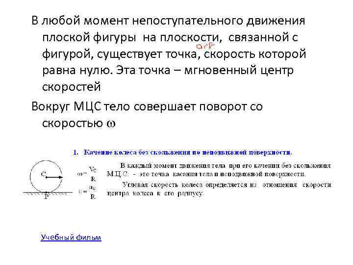 В любой момент непоступательного движения плоской фигуры на плоскости, связанной с фигурой, существует точка,