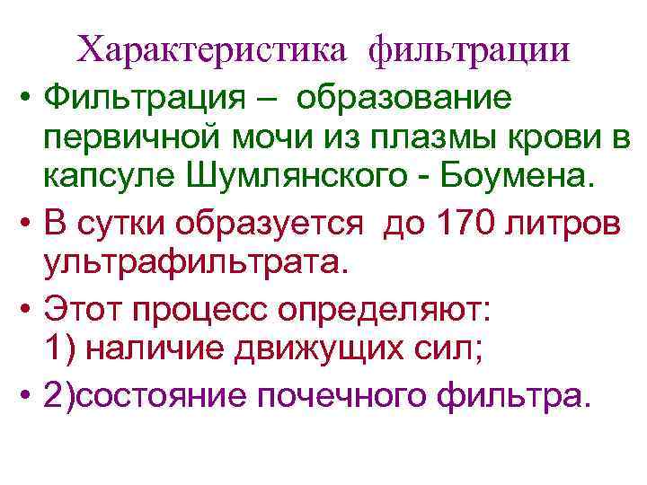 Характеристика фильтрации • Фильтрация – образование первичной мочи из плазмы крови в капсуле Шумлянского