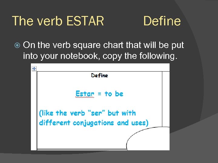 The verb ESTAR Define On the verb square chart that will be put into