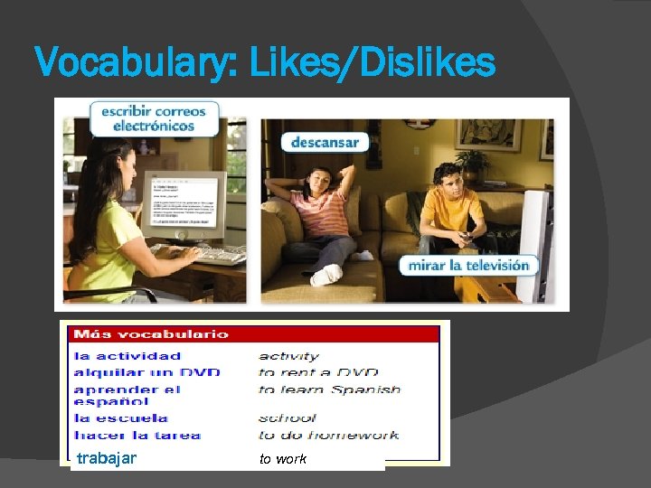 Vocabulary: Likes/Dislikes trabajar to work 