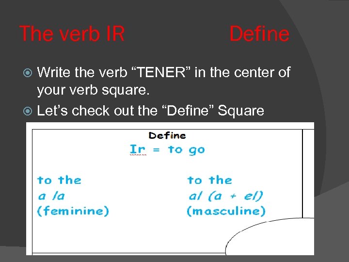 The verb IR Define Write the verb “TENER” in the center of your verb