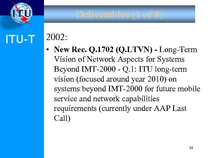 Deliverables (1 of 8) ITU-T 2002: • New Rec. Q. 1702 (Q. LTVN) -