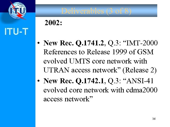 Deliverables (3 of 8) ITU-T 2002: • New Rec. Q. 1741. 2, Q. 3: