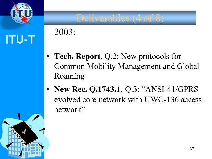 Deliverables (4 of 8) ITU-T 2003: • Tech. Report, Q. 2: New protocols for