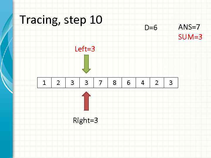 Tracing, step 10 ANS=7 SUM=3 D=6 Left=3 1 2 3 3 Right=3 7 8