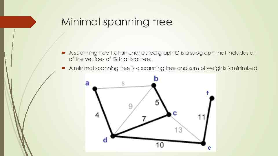 Minimal spanning tree A spanning tree T of an undirected graph G is a