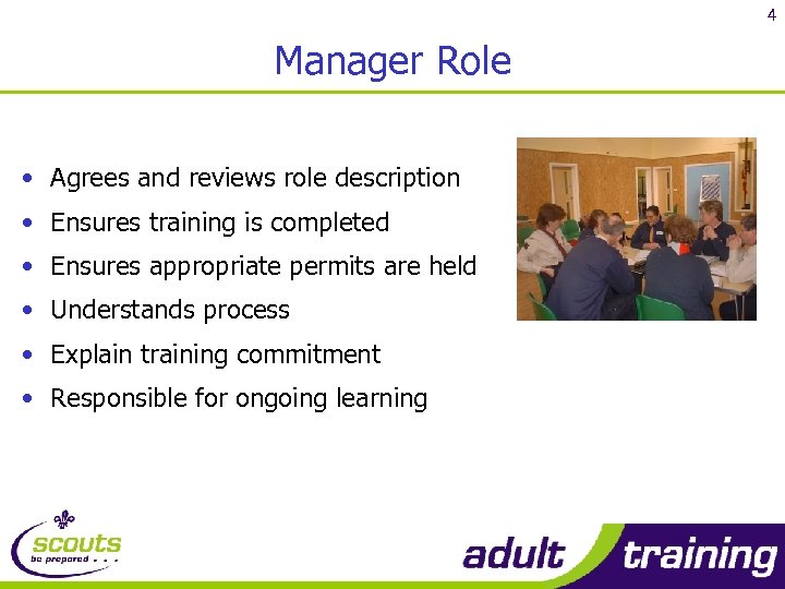 4 Manager Role • Agrees and reviews role description • Ensures training is completed