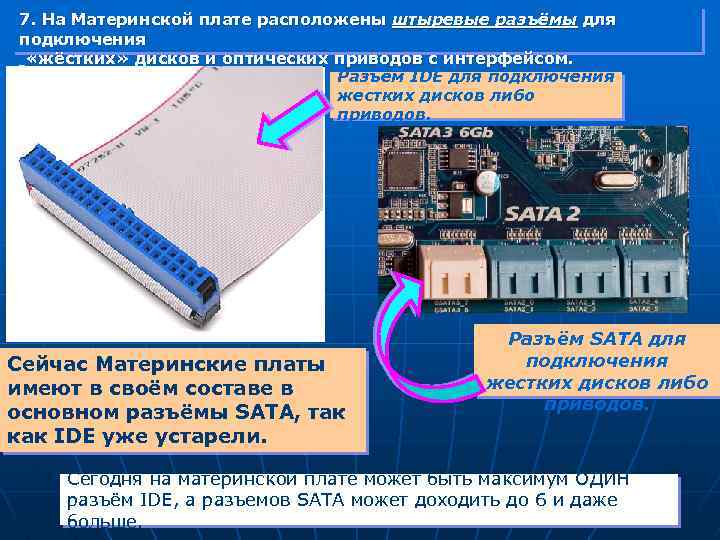 7. На Материнской плате расположены штыревые разъёмы для подключения «жёстких» дисков и оптических приводов