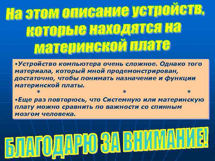  • Устройство компьютера очень сложное. Однако того материала, который мной продемонстрирован, достаточно, чтобы