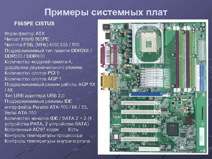 Примеры системных плат F 865 PE CISTUS Форм-фактор ATX Чипсет Intel® 865 PE Частота