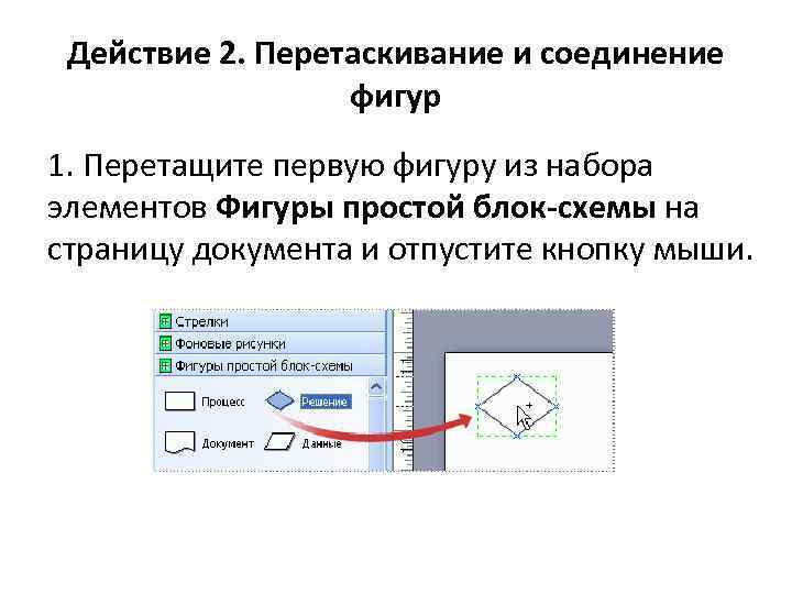 Действие 2. Перетаскивание и соединение фигур 1. Перетащите первую фигуру из набора элементов Фигуры