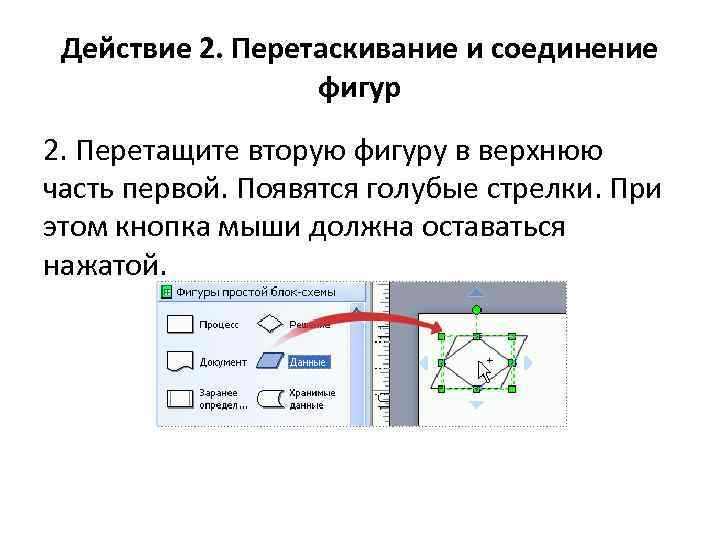 Действие 2. Перетаскивание и соединение фигур 2. Перетащите вторую фигуру в верхнюю часть первой.