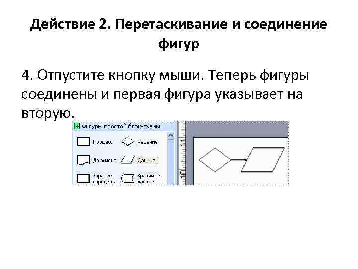 Действие 2. Перетаскивание и соединение фигур 4. Отпустите кнопку мыши. Теперь фигуры соединены и