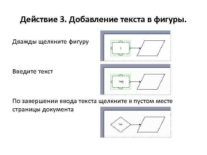 Действие 3. Добавление текста в фигуры. Дважды щелкните фигуру Введите текст По завершении ввода