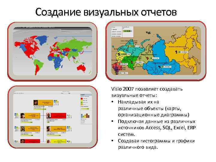 Создание визуальных отчетов Visio 2007 позволяет создавать визуальные отчеты: • Накладывая их на различные