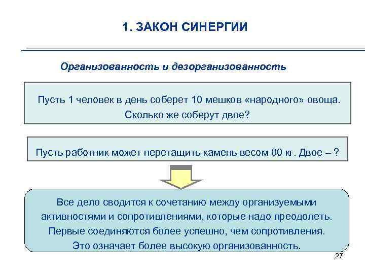 1. ЗАКОН СИНЕРГИИ Организованность и дезорганизованность Пусть 1 человек в день соберет 10 мешков