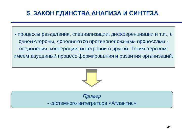5. ЗАКОН ЕДИНСТВА АНАЛИЗА И СИНТЕЗА - процессы разделения, специализации, дифференциации и т. п.