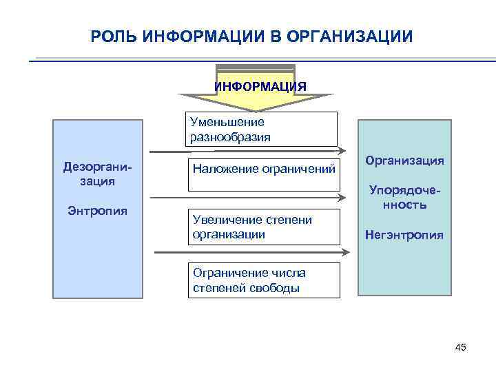 РОЛЬ ИНФОРМАЦИИ В ОРГАНИЗАЦИИ ИНФОРМАЦИЯ Уменьшение разнообразия Дезорганизация Энтропия Наложение ограничений Организация Упорядоченность Увеличение