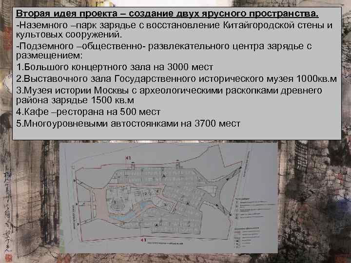 Вторая идея проекта – создание двух ярусного пространства. Наземного –парк зарядье с восстановление Китайгородской