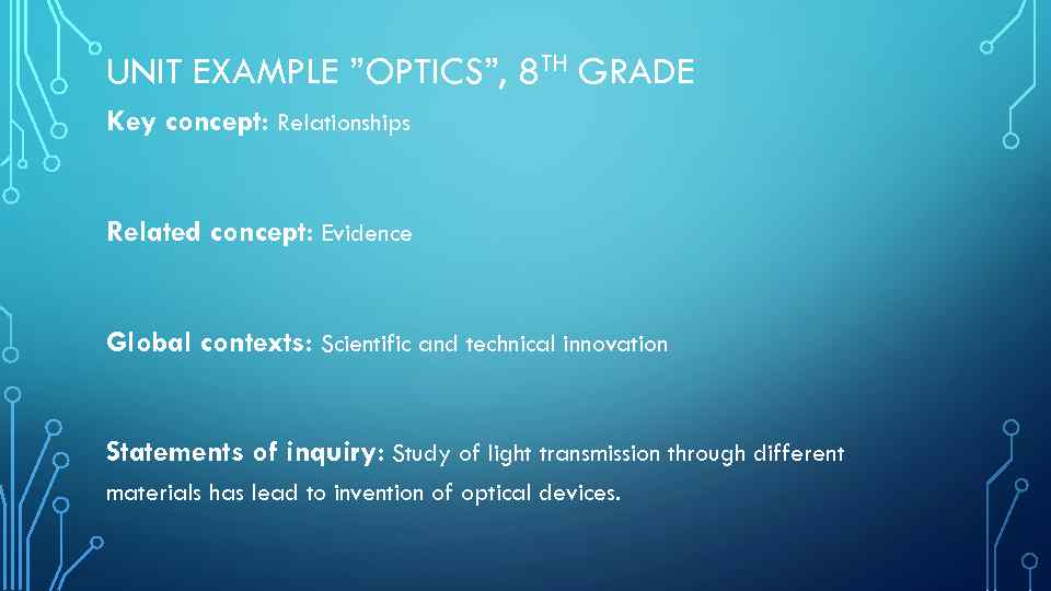 UNIT EXAMPLE ”OPTICS”, 8 TH GRADE Key concept: Relationships Related concept: Evidence Global contexts: