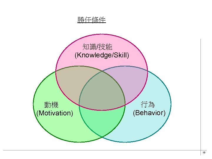 勝任條件 知識/技能 (Knowledge/Skill) 動機 (Motivation) 行為 (Behavior) 18 