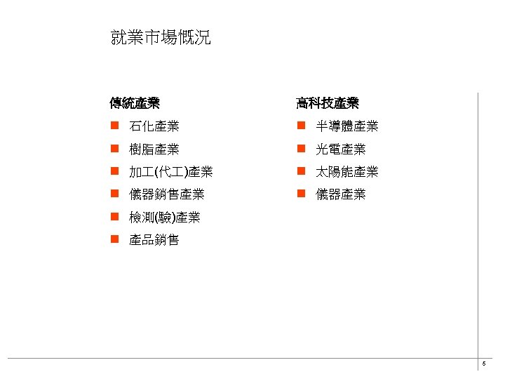 就業市場慨況 傳統產業 高科技產業 n 石化產業 n 半導體產業 n 樹脂產業 n 光電產業 n 加 (代