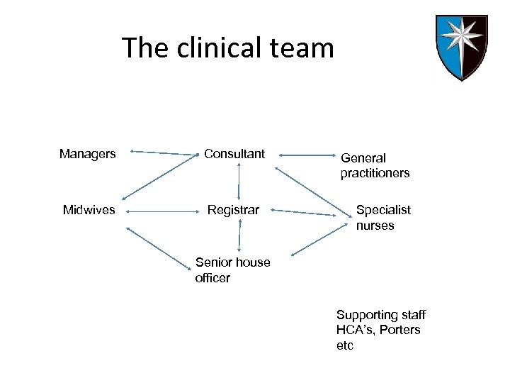 The clinical team Managers Consultant Midwives Registrar General practitioners Specialist nurses Senior house officer