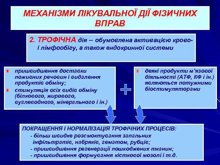 МЕХАНІЗМИ ЛІКУВАЛЬНОЇ ДІЇ ФІЗИЧНИХ ВПРАВ 2. ТРОФІЧНА дія – обумовлена активацією кровоі лімфообігу, а