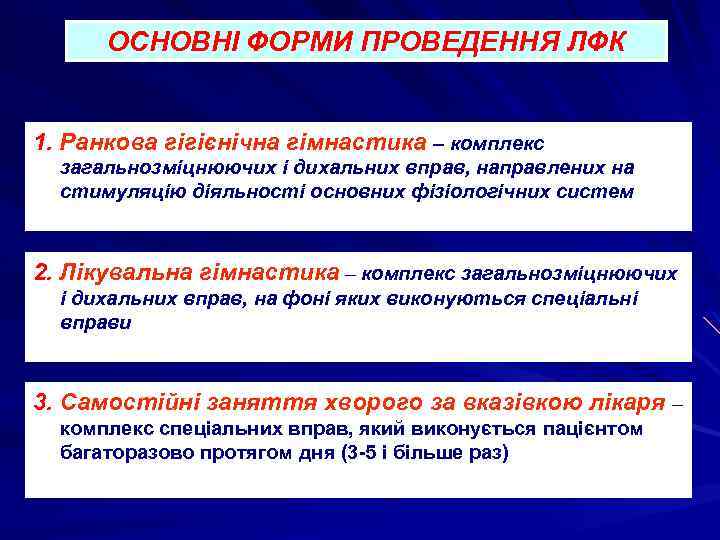 ОСНОВНІ ФОРМИ ПРОВЕДЕННЯ ЛФК 1. Ранкова гігієнічна гімнастика – комплекс загальнозміцнюючих і дихальних вправ,