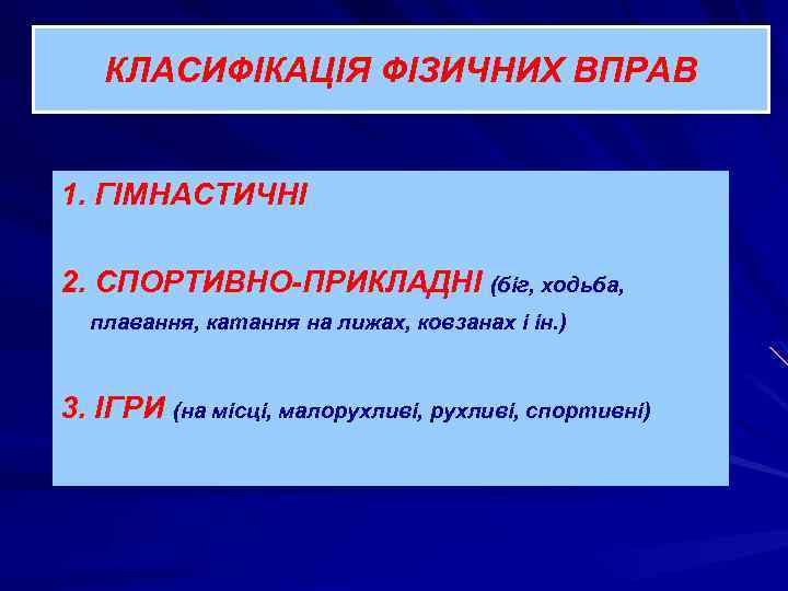 КЛАСИФІКАЦІЯ ФІЗИЧНИХ ВПРАВ 1. ГІМНАСТИЧНІ 2. СПОРТИВНО-ПРИКЛАДНІ (біг, ходьба, плавання, катання на лижах, ковзанах