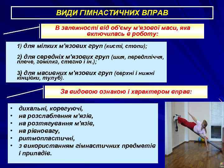 ВИДИ ГІМНАСТИЧНИХ ВПРАВ В залежності від об'єму м’язової маси, яка включилась в роботу: 1)