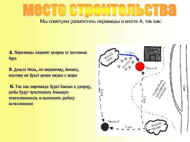 Мы советуем разместить пирамиды в месте А, так как: 4. Пирамиды защитят дворец от