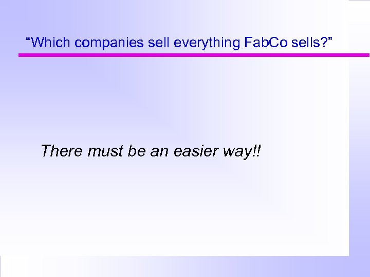 “Which companies sell everything Fab. Co sells? ” There must be an easier way!!