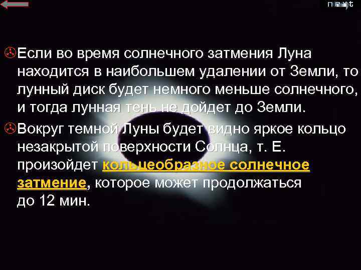 >Если во время солнечного затмения Луна находится в наибольшем удалении от Земли, то лунный