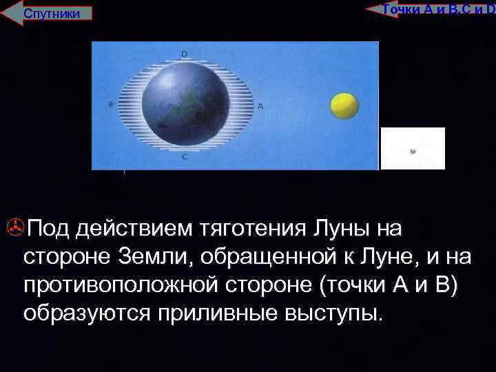 Спутники Точки А и В, С и D >Под действием тяготения Луны на стороне