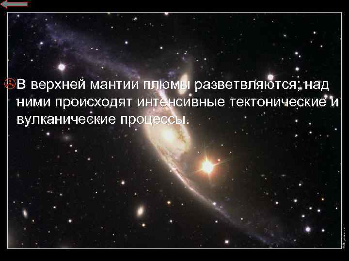 >В верхней мантии плюмы разветвляются; над ними происходят интенсивные тектонические и вулканические процессы. 