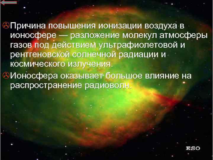 >Причина повышения ионизации воздуха в ионосфере — разложение молекул атмосферы газов под действием ультрафиолетовой