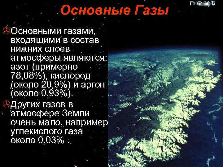 Основные Газы >Основными газами, входящими в состав нижних слоев атмосферы являются: азот (примерно 78,